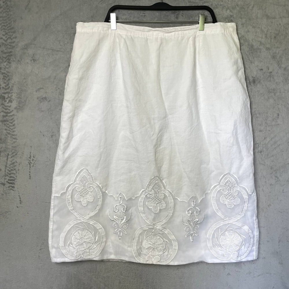 White Linen Midi Skirt Women Plus Size 22 Embroidered Lined A Line Feminine